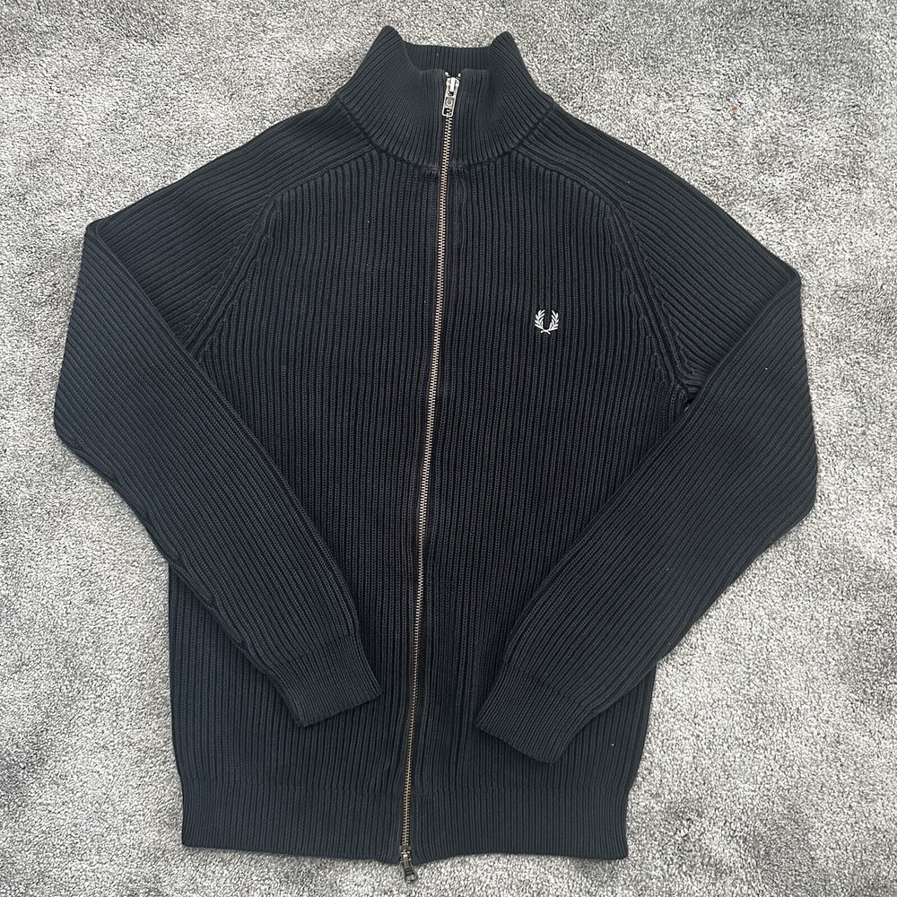 Fred Perry Ribbed Knit Zip Cardigan Mens Small Black Ska Mod 60s Scooter Casuals